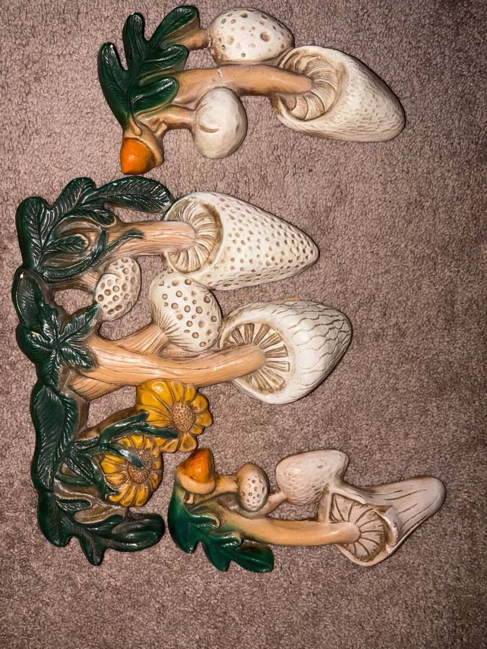 Vintage 1970s Retro Mushroom and Sunflower Wall Plaque Set